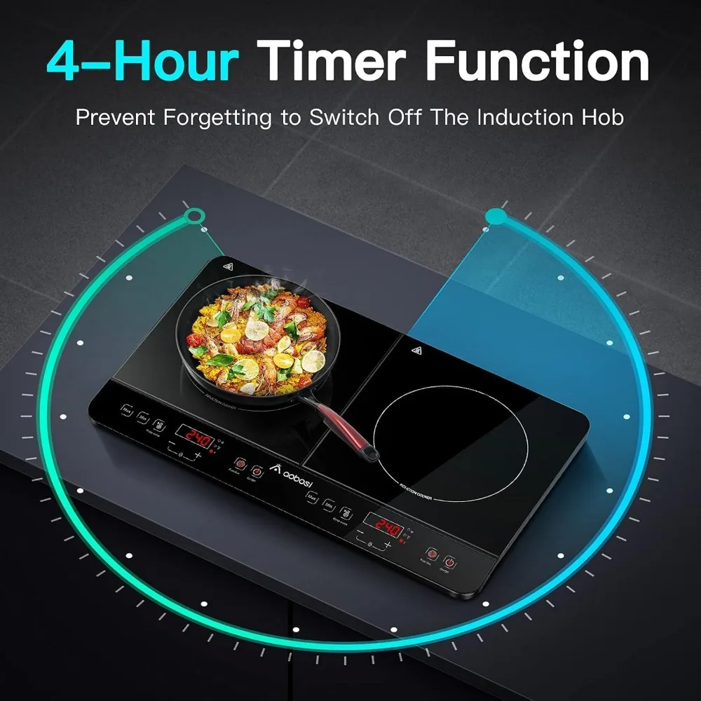 Double Induction Cooktop Burner with 240 Mins Timer, 1800w 2 Induction Burner with 10 Temperature 9 Power Settings
