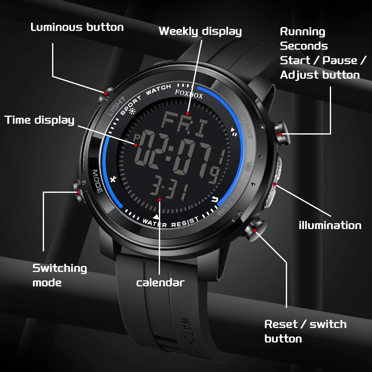 FOXBOX LED Alarm Backlight Waterproof Watch Men Fashion Analog Digital Watches For Men Black Silicone Luminous Quartz Men Watch