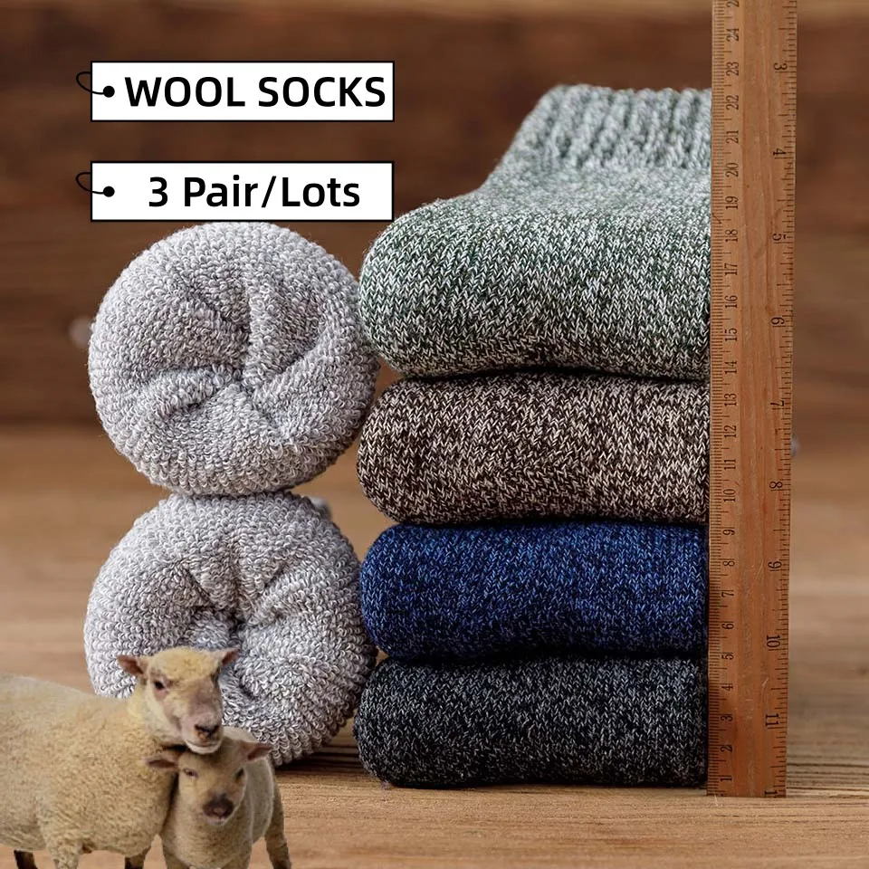 

Winter Men's Thick Warm Wool Socks High Quality Harajuku Retro Big Size Snow Casual Antifreeze Cashmere Long Socks 3 Pair