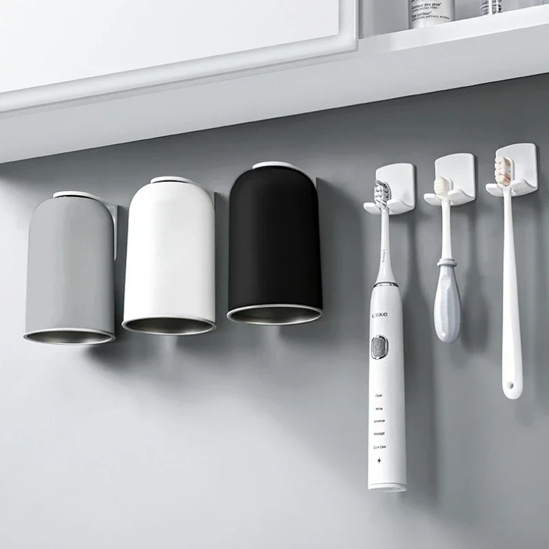 Cepillo de dientes de acero inoxidable con vaso magnético para enjuague bucal, sin perforaciones, para montaje en pared, ideal para el baño._voghion.com