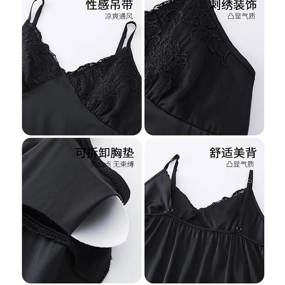 Women New Sexy Adjusted Spaghetti Strap Solid Night Dress With Lace Padded Bra Cool Nightgowns Ice Silk Beauty Back Sleep Shirts
