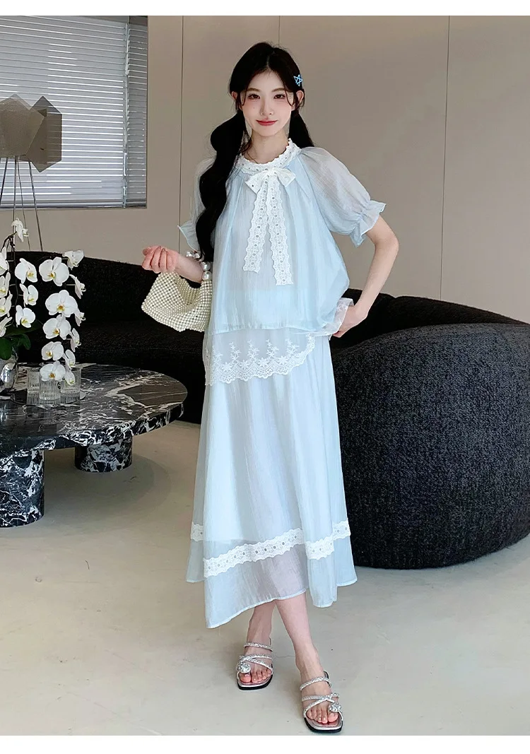 임산부 의류 2026년 여름 블루 레이스 리본 퍼프 소매 블라우스와 맥시 스커트 임산부를 위한 부드럽고 우아한 분위기