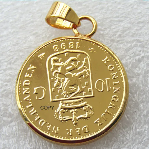 Coin Pendant Netherlands 1898 Wilhelmina I 10 Gulden Gold/Silver Plated Copy