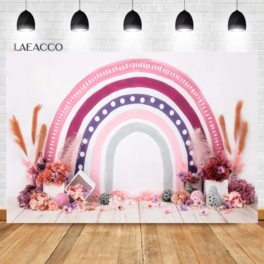 

Laeacco Rainbow Happy Birthday Photo Backdrop Interior Pink Flower Wood Board Girls Baby Shower Portrait Photography Background