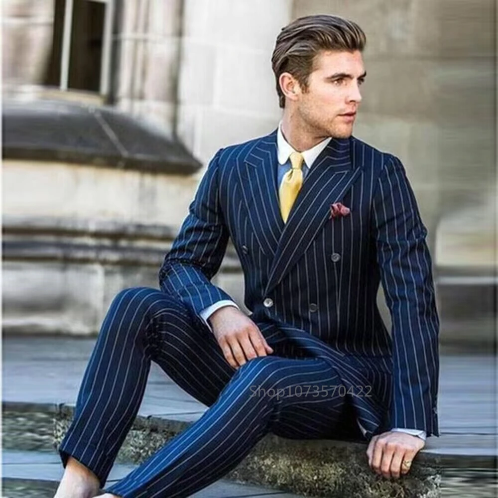 Navy Blue Striped Male Suits Double Breasted Peak Lapel Tuxedos for Men Slim Fit 2-Piece Formal Business Suits Costume Homme