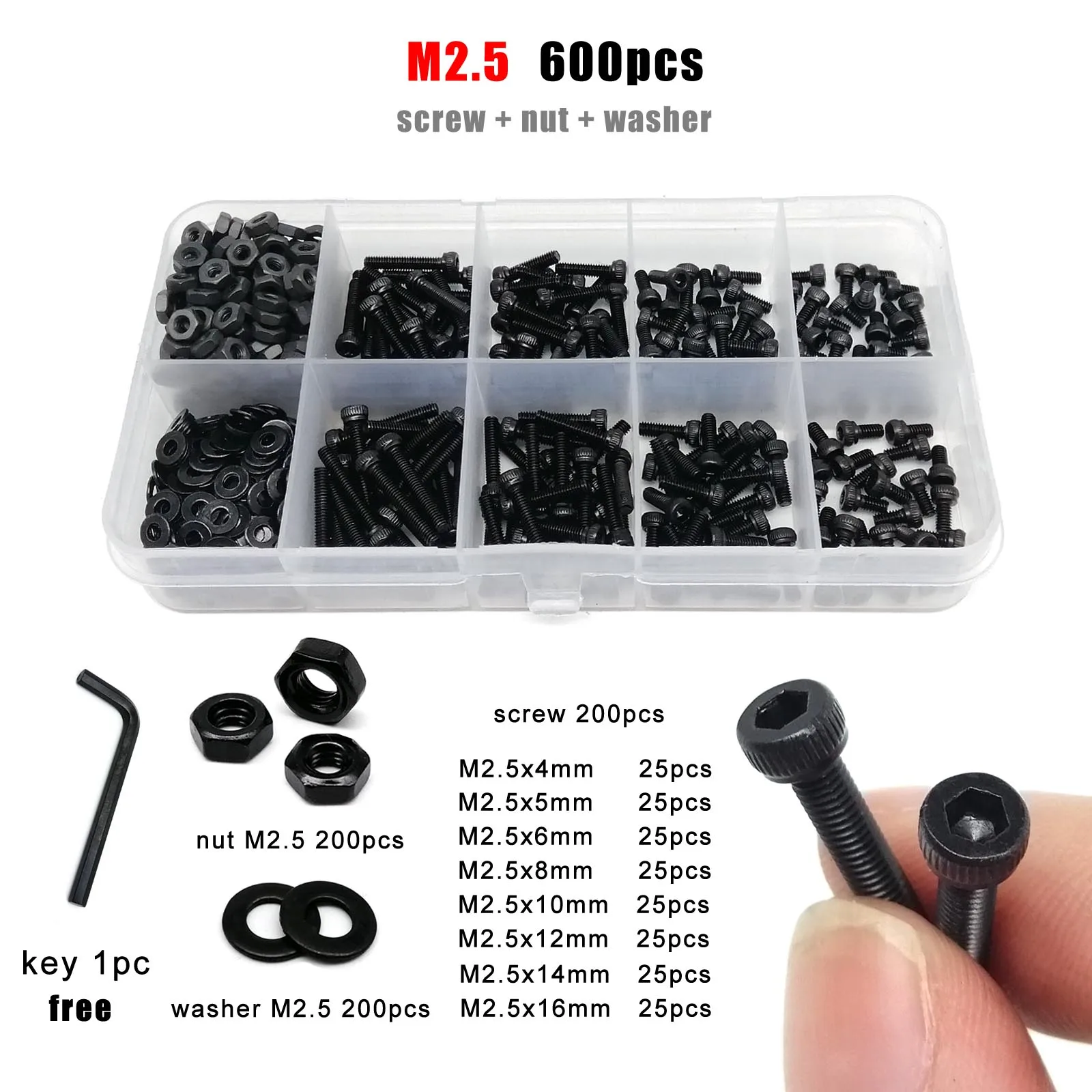 Description Picture 6 of item1 Set M1.6 M2 M2.5 M3 M4 M5 M6 M8 DIN912 Black Grade 12.9 Steel Allen Hexagon Hex Socket Cap Head Screw Bolt Nut Washer Kit Box