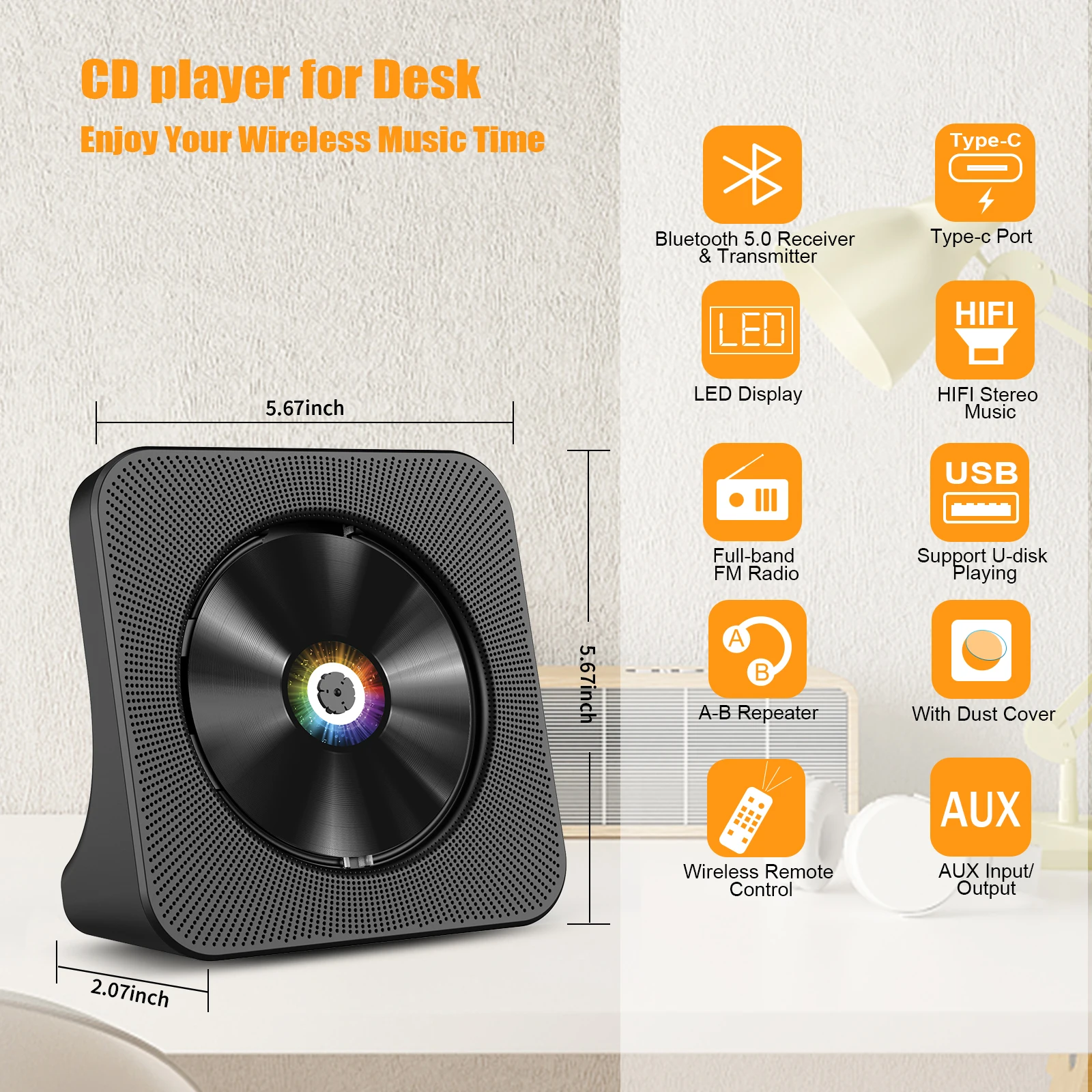 Portable CD Player with Bluetooth Gueray Desktop CD Players for Home Bulit-in Double HiFi Speakers AUX&Headphone Jack portable cd player