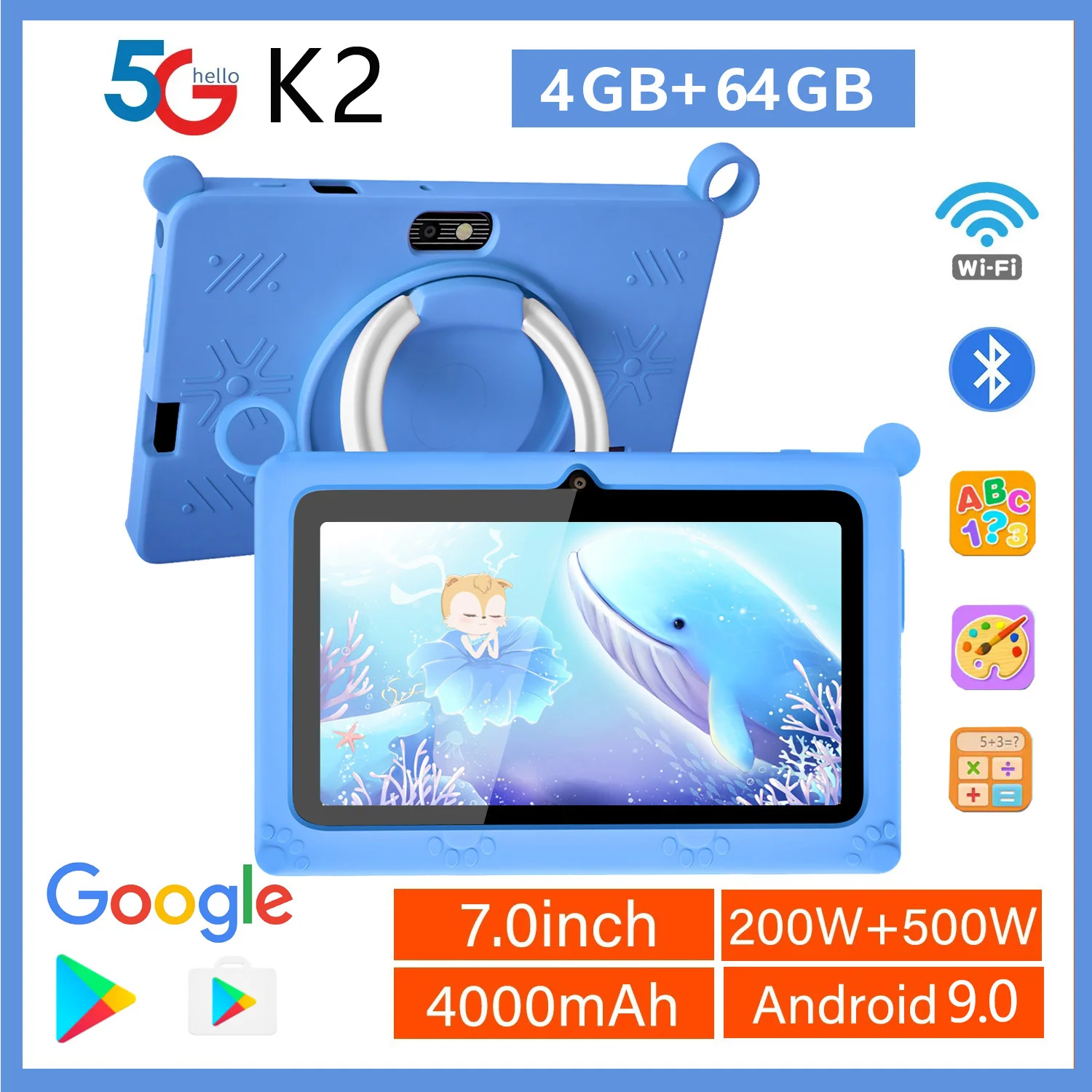 

BDF K2 New 5G Kids Tablet 7 Inch Quad Core 4GB RAM 64GB ROM Android 9.0 Google Learning Education Games Tablets WiFi Bluetooth