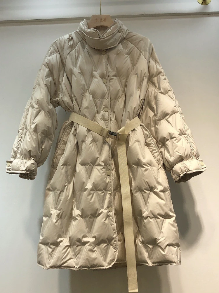 

Winter Puffer Jacket with Belt White Duck Down Jacket for Women Standing Collar Mid Length Waistband Diamond Plaid Jacket