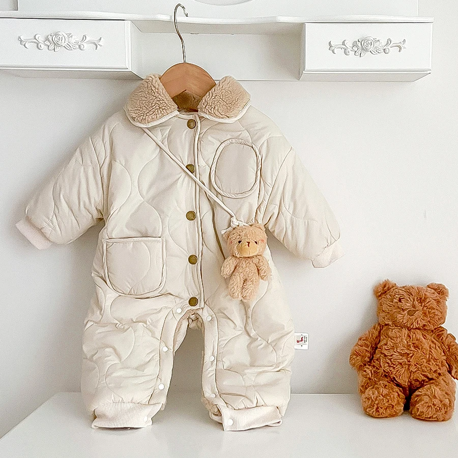 

New Baby Winter Romper Lamb Wool Lining Toddler Jumpsuit with Bear Toys Thick Warm Kids Outfit Infant Newborn Boys Girls Clothes