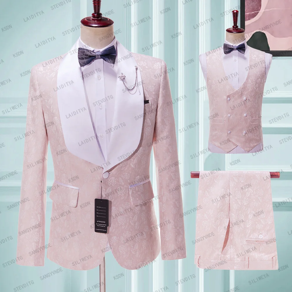 

2023 New Style Pink Casual Men's Suit Slim Fit Type 3 Pieces Single Breasted Breathable Thin Prom Dress Jacket Party Travel