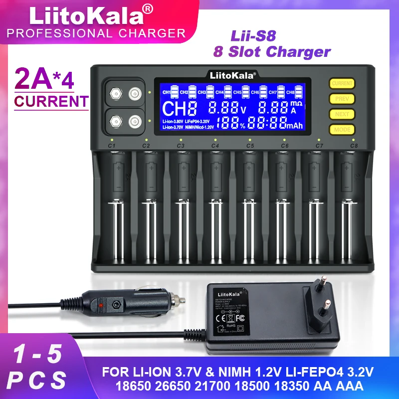 

1-5PCS LiitoKala Lii-S8 Li-ion 3.7V NiMH 1.2V Li-FePO4 3.2V IMR 3.8V For 18650 26650 21700 26700 18350 AA AAA Battery Charger