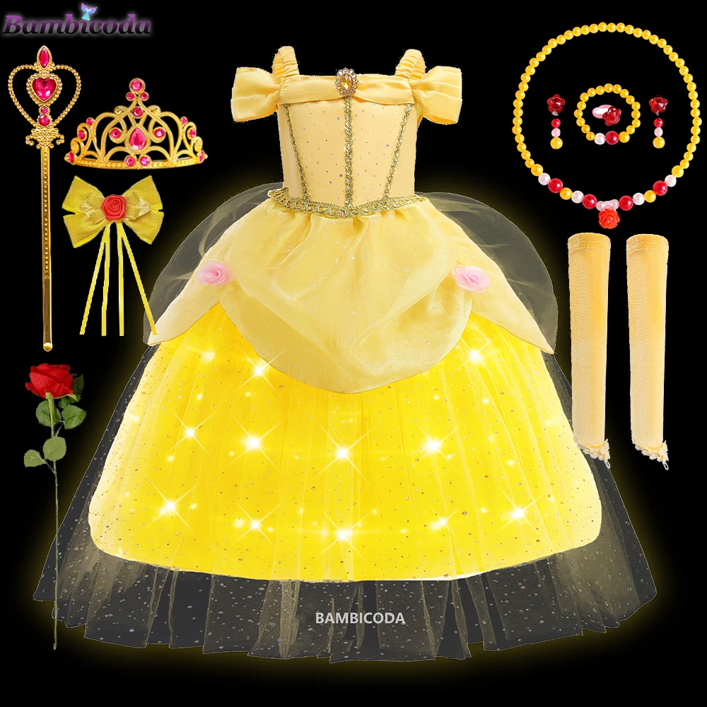 Vestido de Bella para niñas, vestidos con luz LED para La Bella y La  Bestia, ropa de fiesta, disfraz de corona con palo mágico de 3 a 10 años -  AliExpress, image size:1000x1000