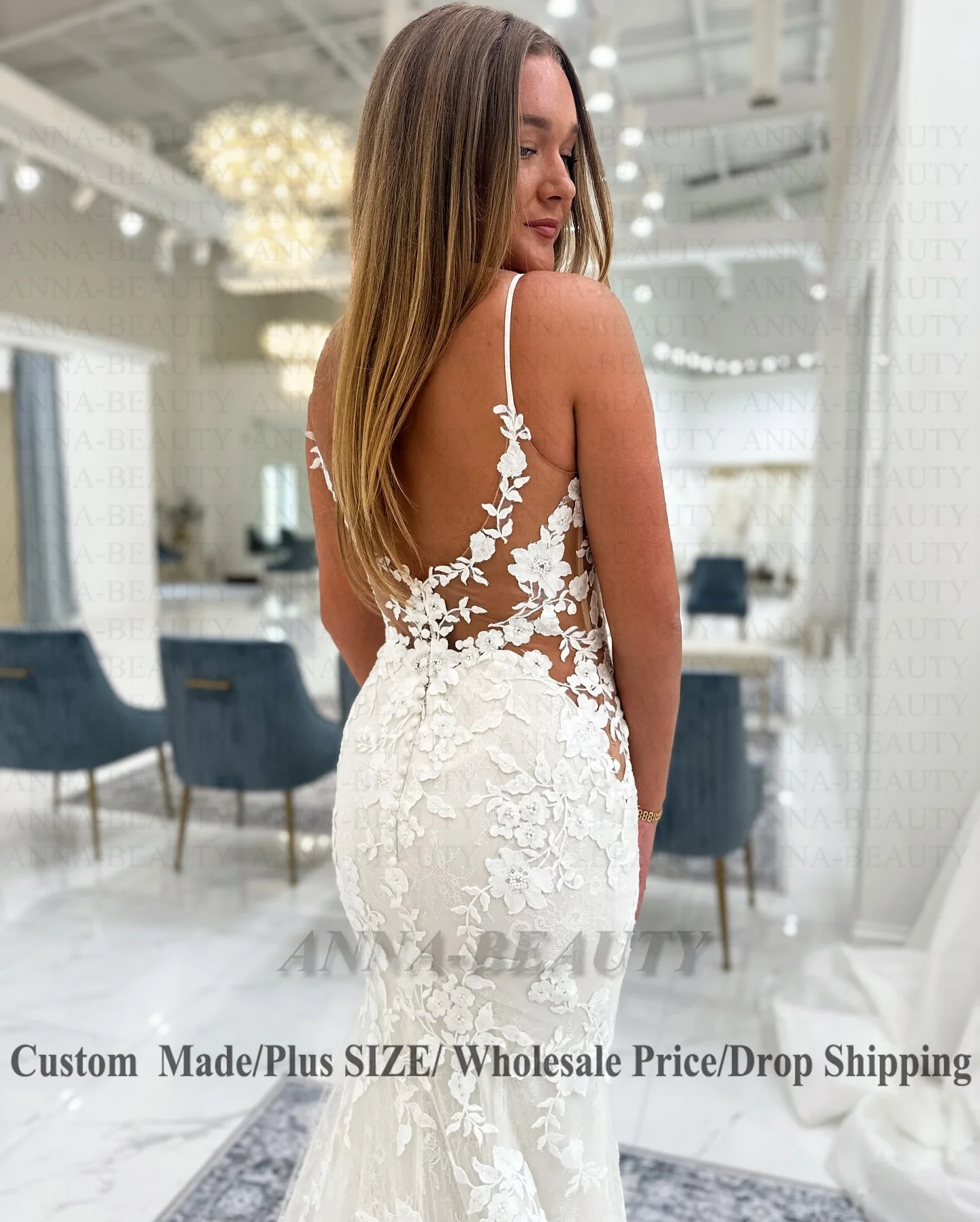 Anna Attractive Women's Wedding Dress Spaghetti Strap V-neckline Sleeveless Lace Appliques Mermaid Backless Vestidos Customised