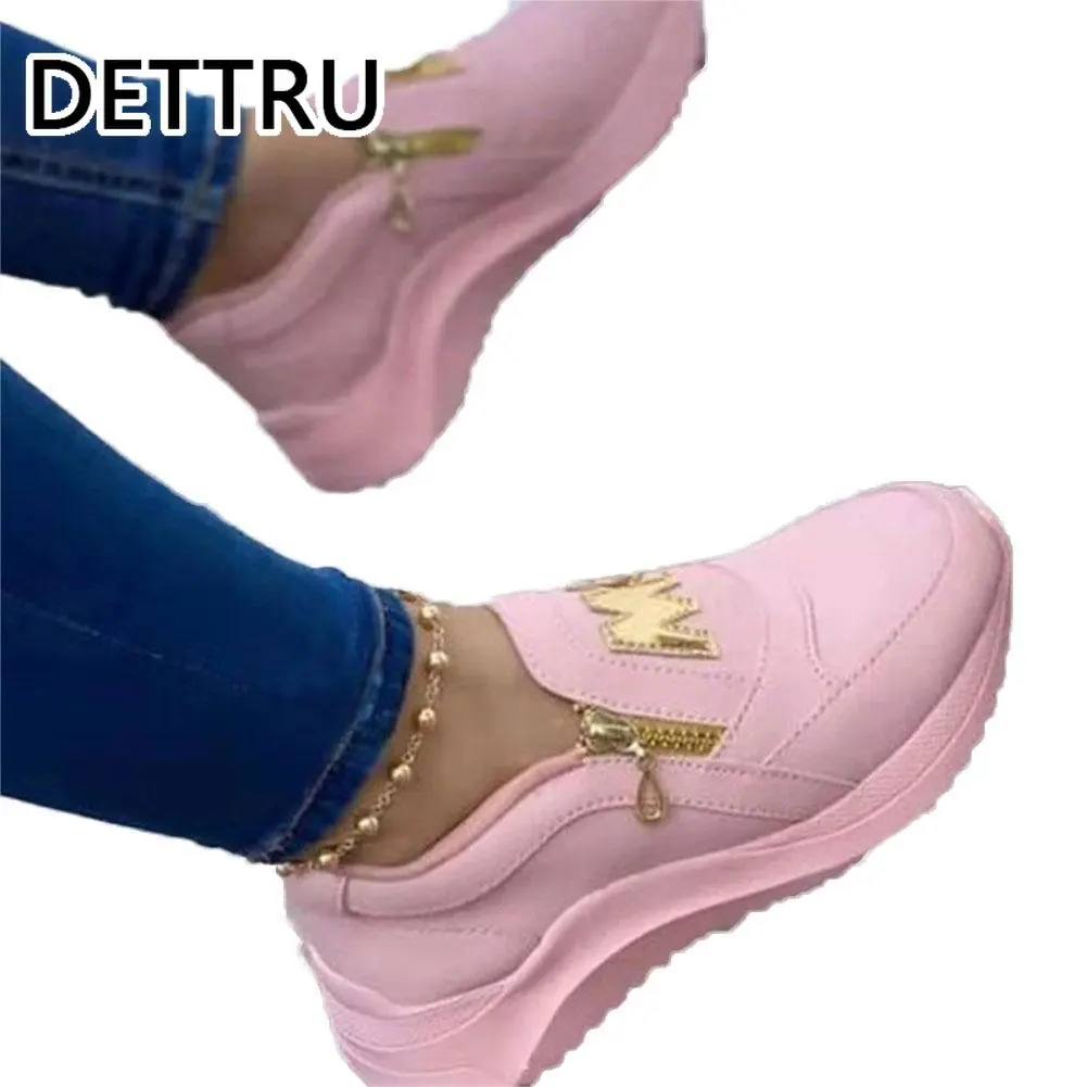 Running Shoes Women Sport Shoes Thick Bottom Solid Color Ladies Vulcanized Sneakers Ladies Fashion PU Shoes Zipper Sneakers