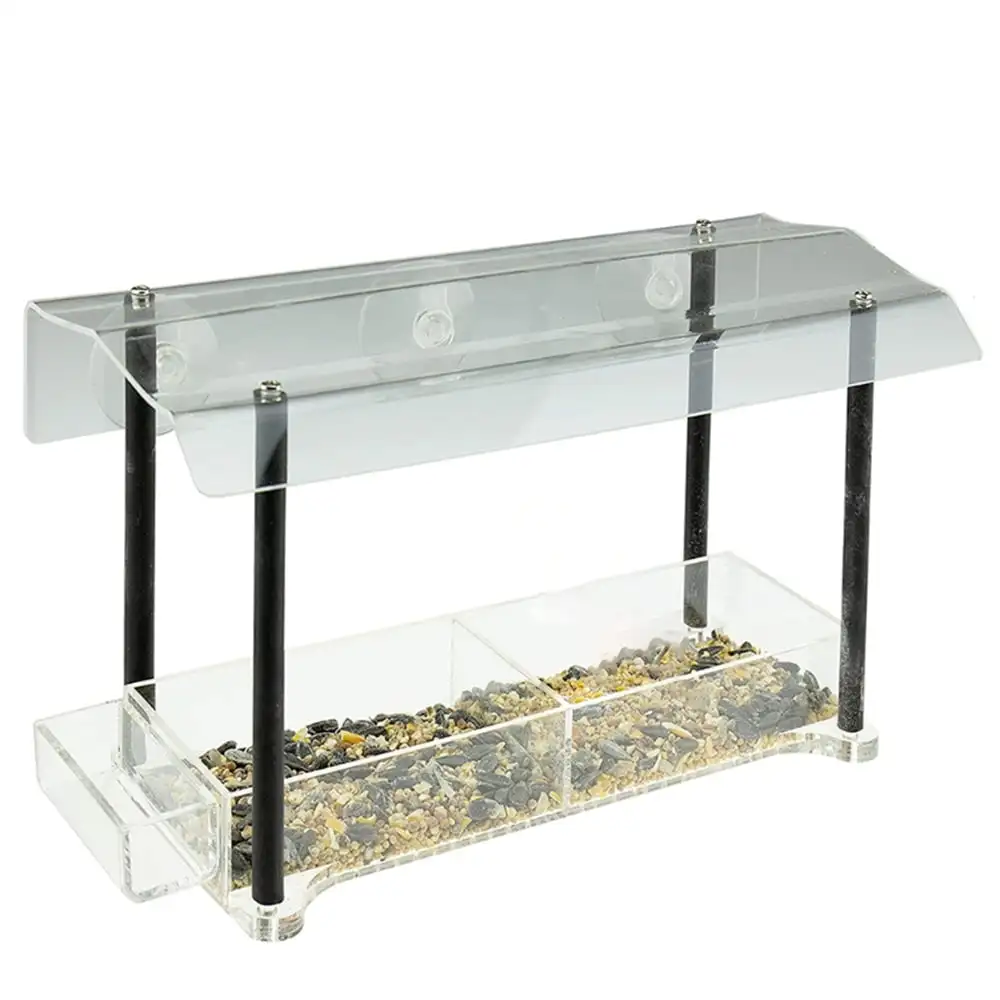 Window Bird Feeder, Large Size with Strong Suction Cups & Seed Tray, Separate Drinking-Water Sink & Wood Pillar Support, Weather