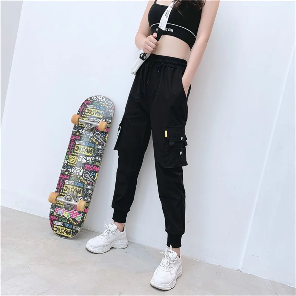 Black Cargo Pants Women Casual Joggers High Waist Loose Female Hip Hop Trousers Korean Punk Pants Funny Capri Streetwear Femme
