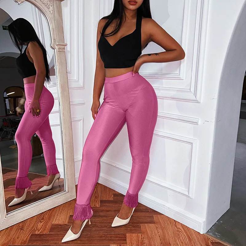 BKLD Spring 2022 Womens Fashion Tight-Fitting Shaping Casual Pants Solid Color Temperament Streetwear Hipster Tassel Trousers high waisted jeans