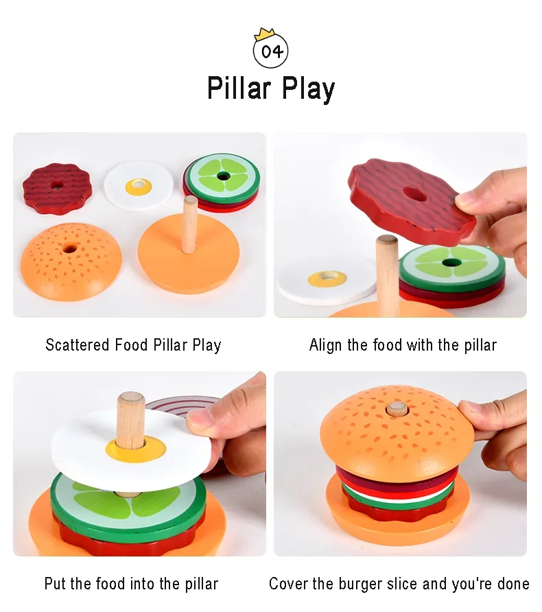 Juego de simulación de cocina para niños, juguetes de madera, sándwich de hamburguesa, juegos a juego de comida de simul