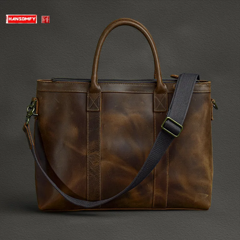 

Retro Crazy Horse Leather Men Handbags Laptop Bag Briefcase European And American Style Cowhide Business Shoulder Crossbody Bags