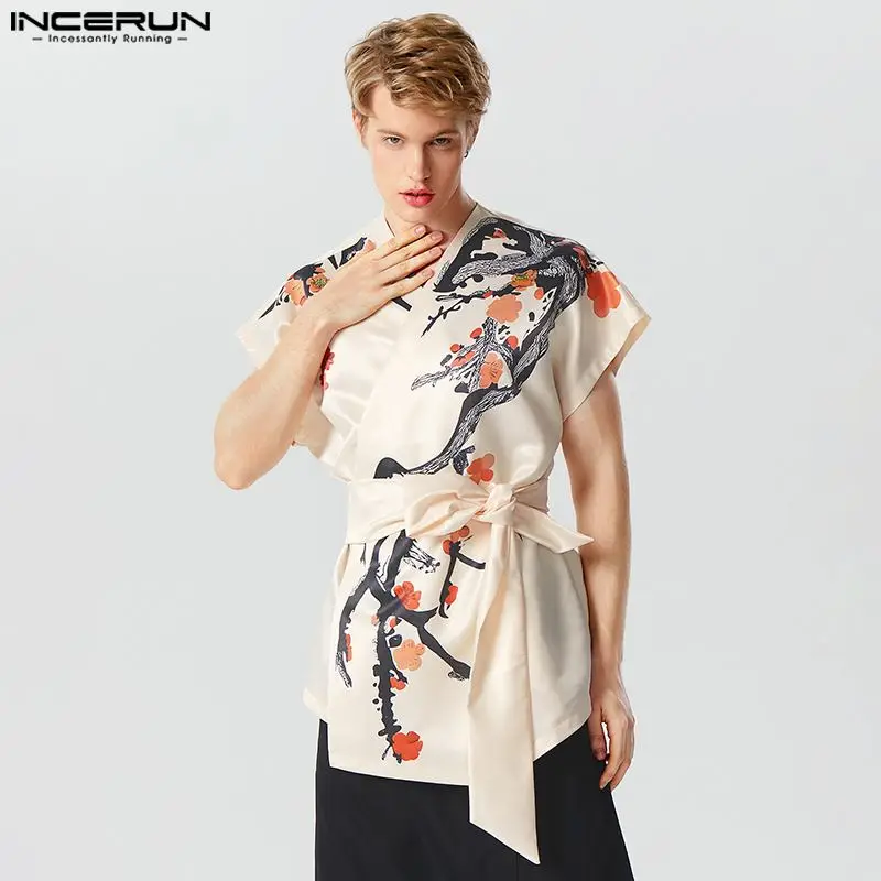 

INCERUN Tops 2023 Chinese Style Handsome Men's Funny Print Shirts Casual Party Tie Knot Design Sleeveless Cardigan Blouse S-5XL