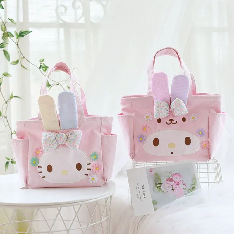 

Симпатичная Холщовая Сумка Sanrio Hello Kittys My Melody, милый студенческий обед, креативные сумки-тоут с изображением Бенто и сердечек для девочек Y2k, подарок для девушки