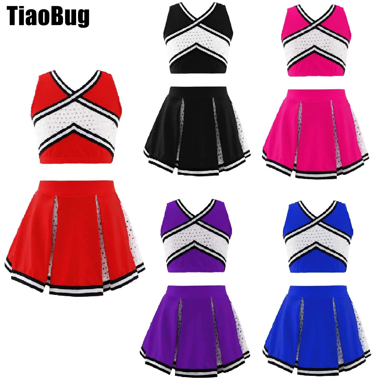 Kids Girls Cheerleading Dance Outfit Sleeveless Crisscross Striped Front V Neckline Top Elastic Waistband Skirt