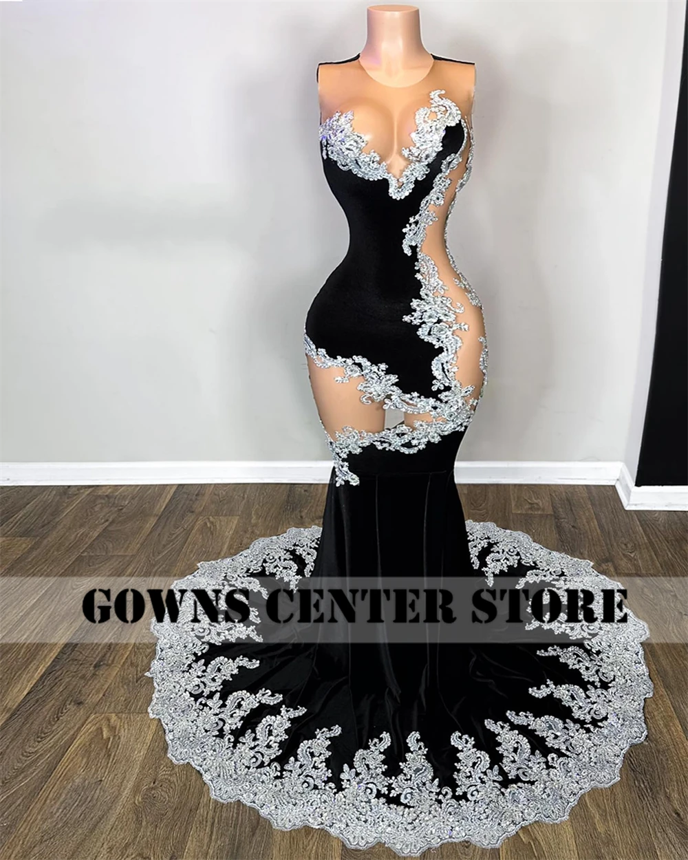 Design Mermaid Dress Back Silver Lace Appliques Black Velvet Mermaid Prom  Dresses 2024 Luxury Gown Sexy