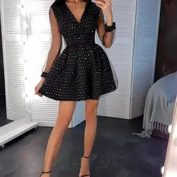 Lady Dress Solid Color Dot Print Lace Long Sleeve Dress Elegant Mesh Spring Sexy V-Neck Lace-up Party Short Dress for Dating