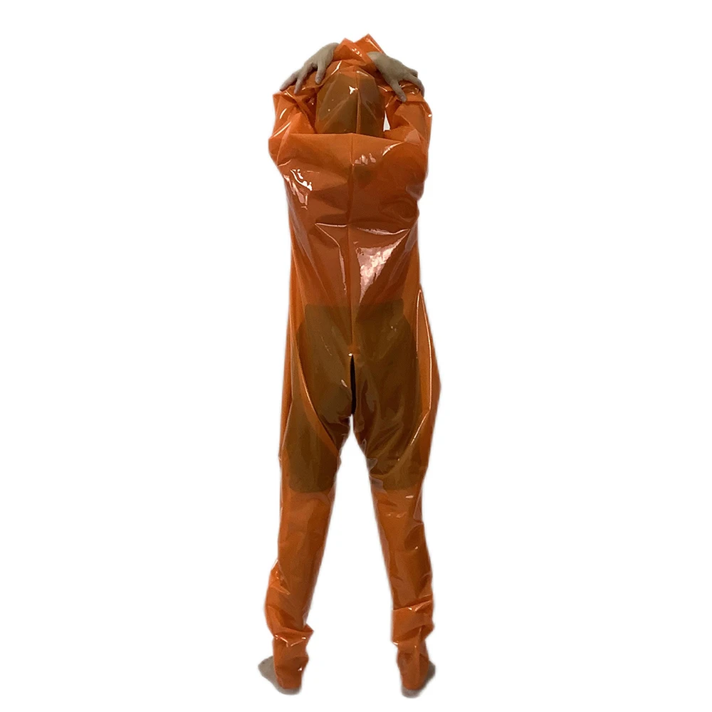 Erotic Costumes Clear PVC Plastic Sheer See Through Long Sleeve Bodysuit Hooded Catsuit Front Zip Crotch Jumpsuits 7XL