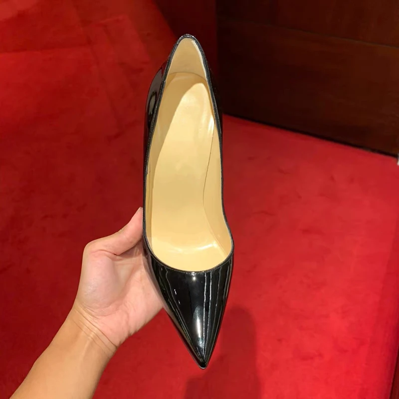 Black patent leather red soled high heels for women 2024 new professional temperament pointed shallow mouth sexy single shoes