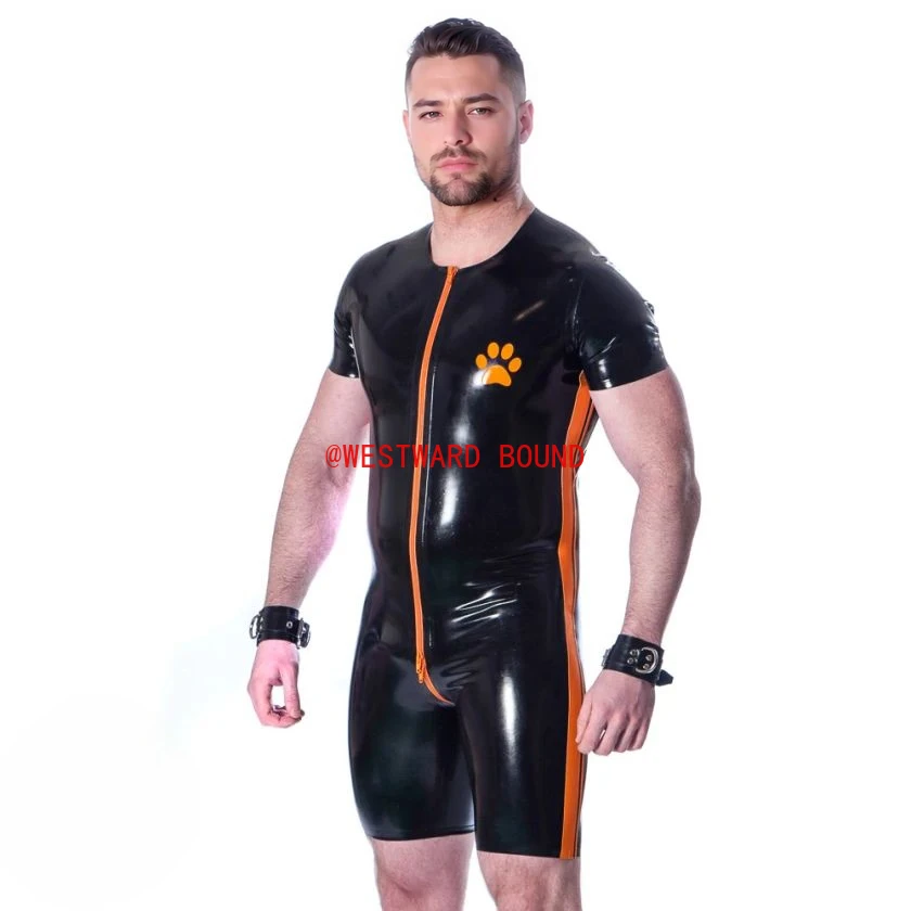 customized eurocat latex bodysuit men's black latex bodysuit orange accents short sleeves front zipper rubber costume clubwear