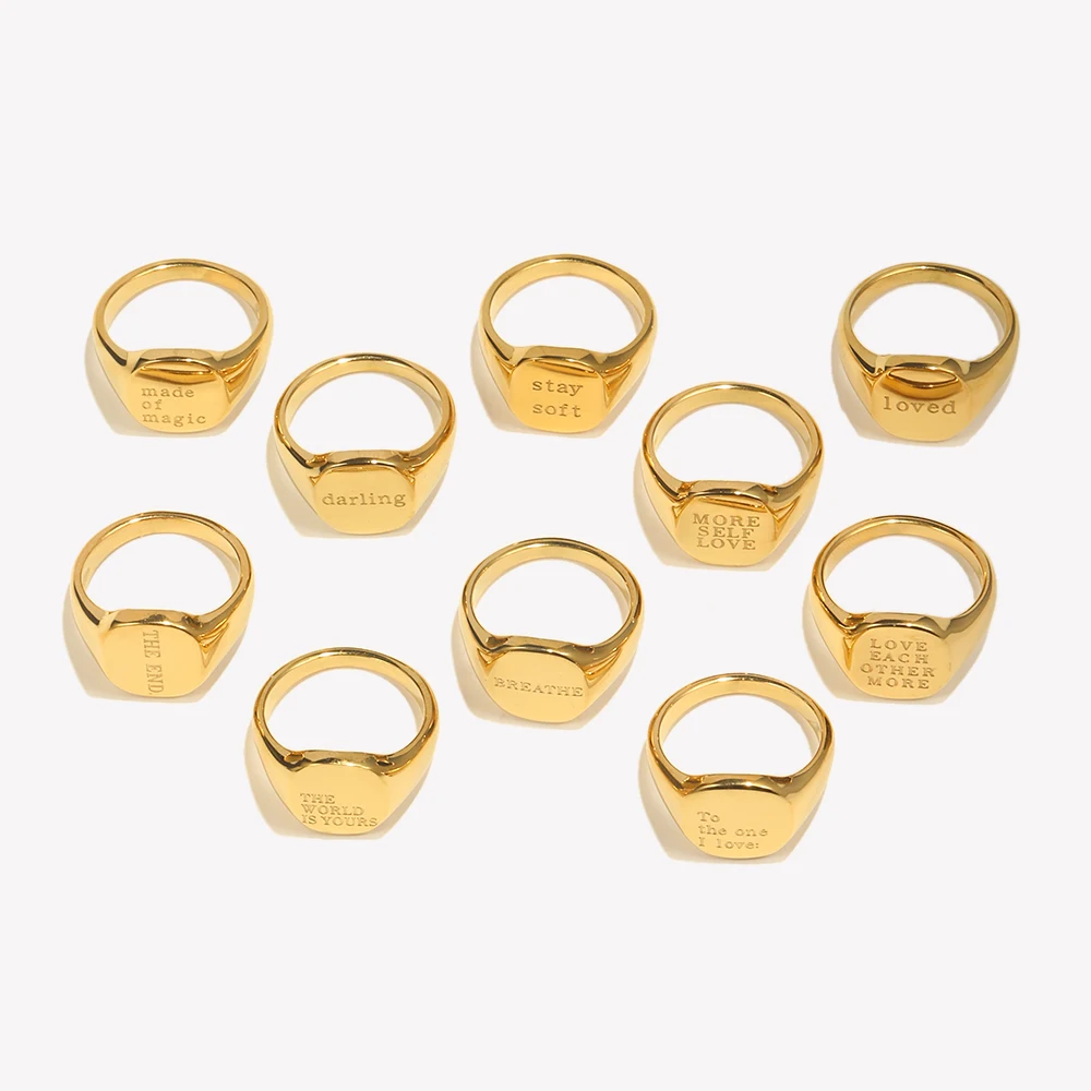 Engrave Jewelry Gift Minimalist Letter Word Suqare Stainless Steel Ring Water Resistant Gold Ring Plated For Women gold plated rings gold rings golden ring