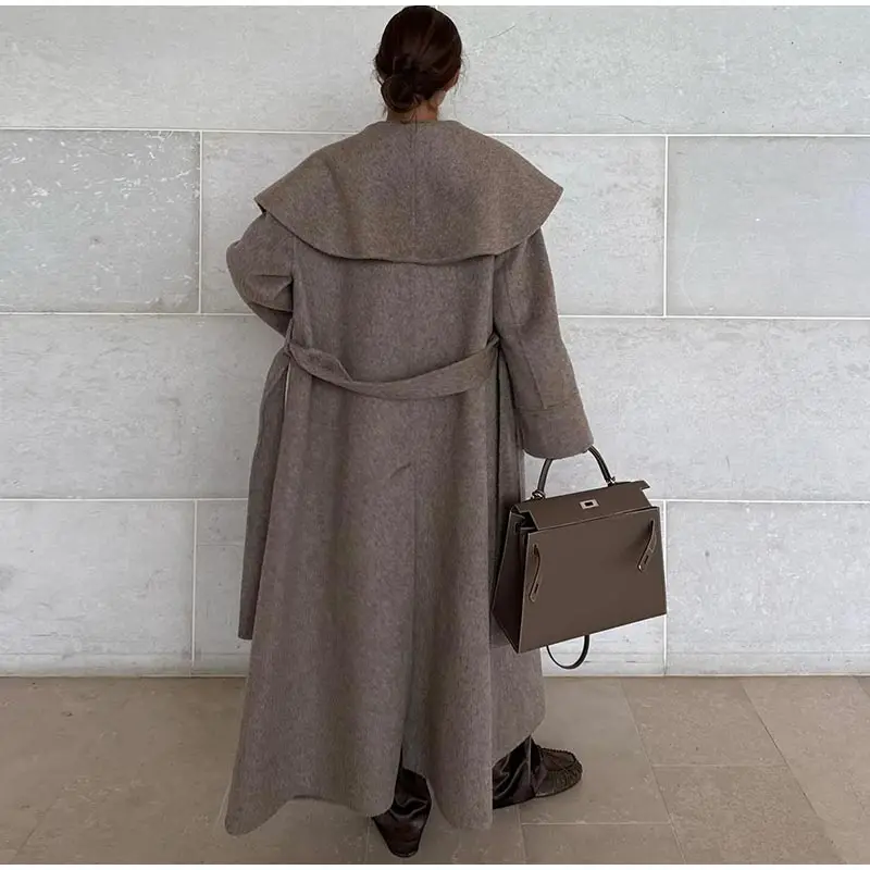 Solide Große Revers Gürtel Lange Woolen Frauen Mantel Elegante Volle Hülse Spitze Up Mantel 2025, Herbst Winter Wrap Stil Oberbekleidung – Detail 19