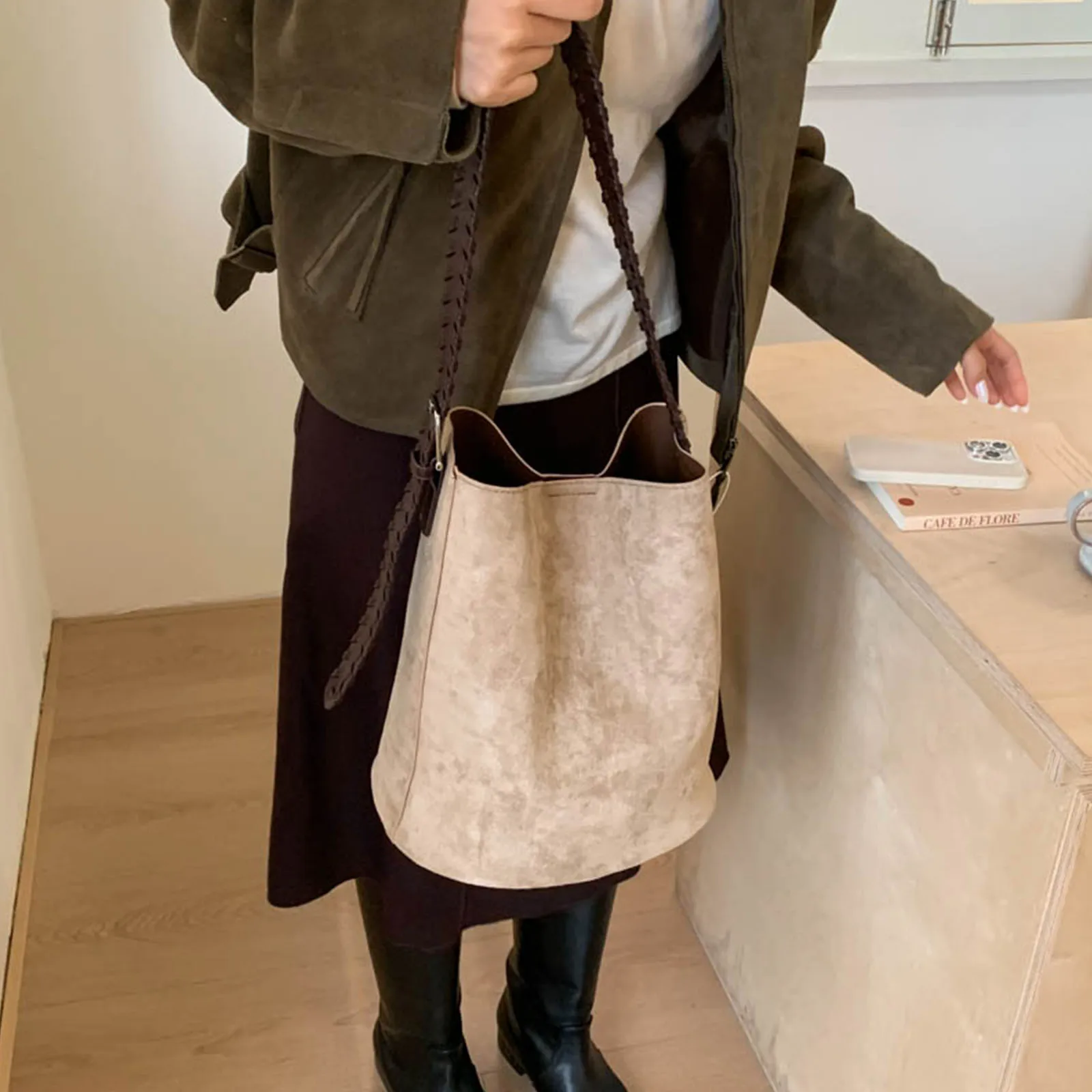 PU Single Shoulder Bag Solid Color Bucket Bag Underarm Bag Casual for Women Ladies Work Travel Commuting