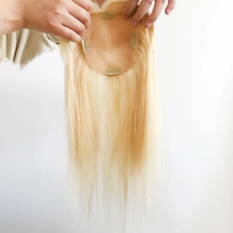 여성용 블론드 컬러 실크 베이스 토퍼, 에어뱅 포함, 자연스러운 두피 탑 베이스, 스트레이트 인모 피스, 클립 포함, 15x16cm, 12x13cm