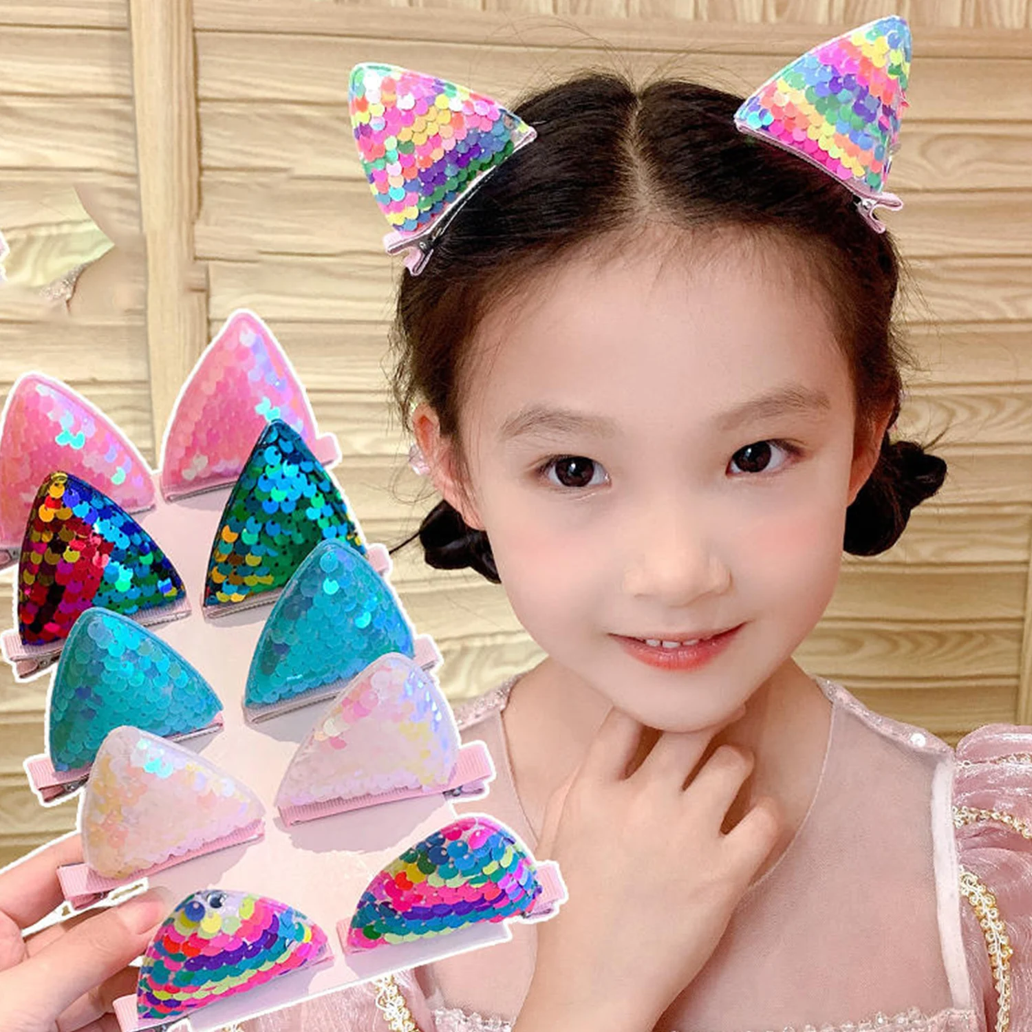 2PCS Colorful Sequins Cat Ear Hairpins Photography Party Props BB Hairgrips Cute Girls Hair Clips Hair Accessories Ornaments dvotinst newborn photography props giraffe hat doll 2pcs set crochet knit fotografia accessories studio shoot photo shower gift