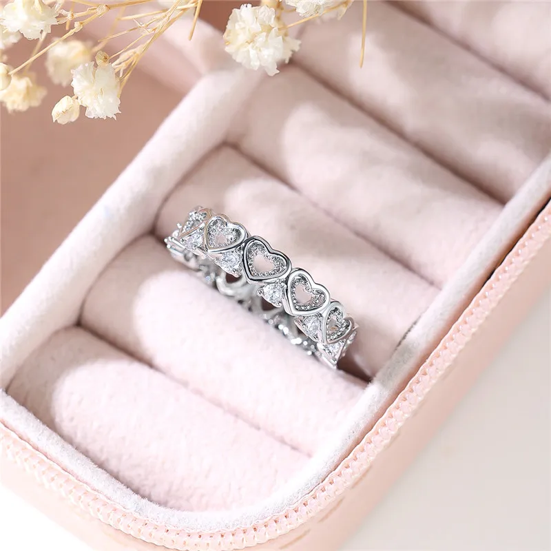 Cute Female White Round Zircon Stone Heart Ring Silver Color Summer Wedding Jewelry For Women