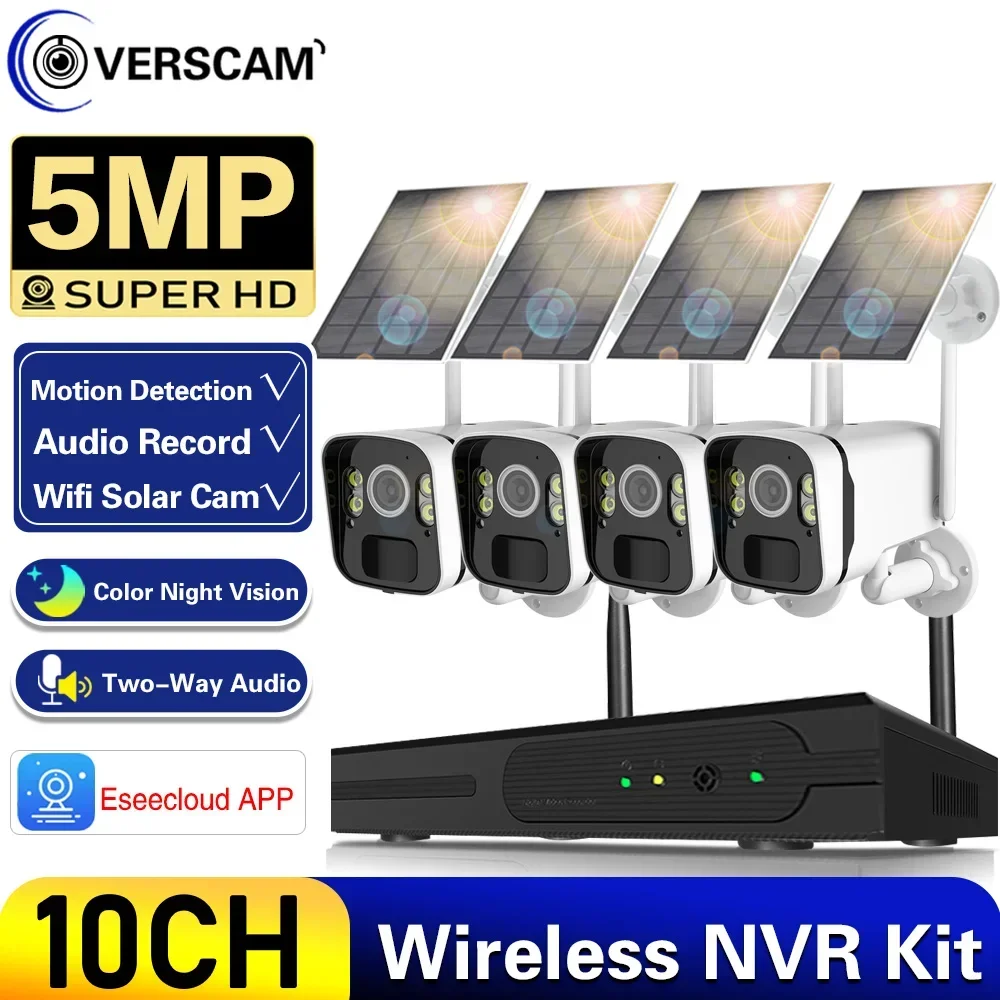 10Ch 5Mp Nvr Wireless Pannello Solare Batteria Telecamera Wifi Wifi Nvr Kit Sistema Di Sicurezza Per Videosorveglianza Con Monitor Di Rilevamento Pir