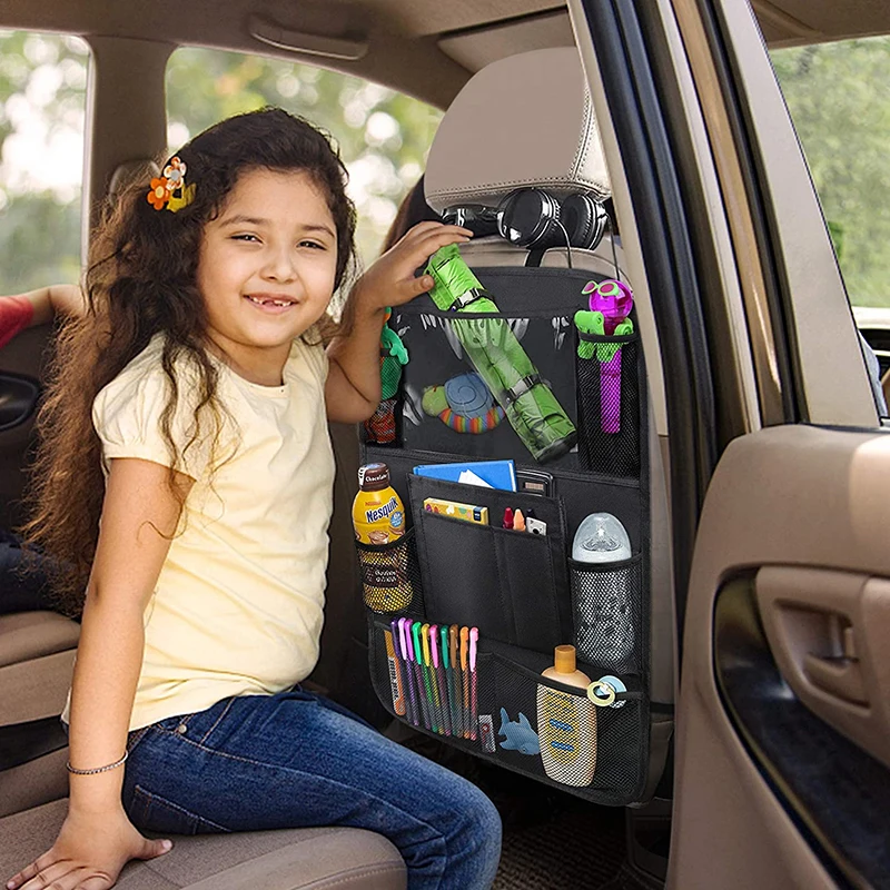 Car Seat Back Organizer Multi-Pocket Hanging Storage Bag Tablet Cup Holder Tidying Anti-Kick Mats For Kid