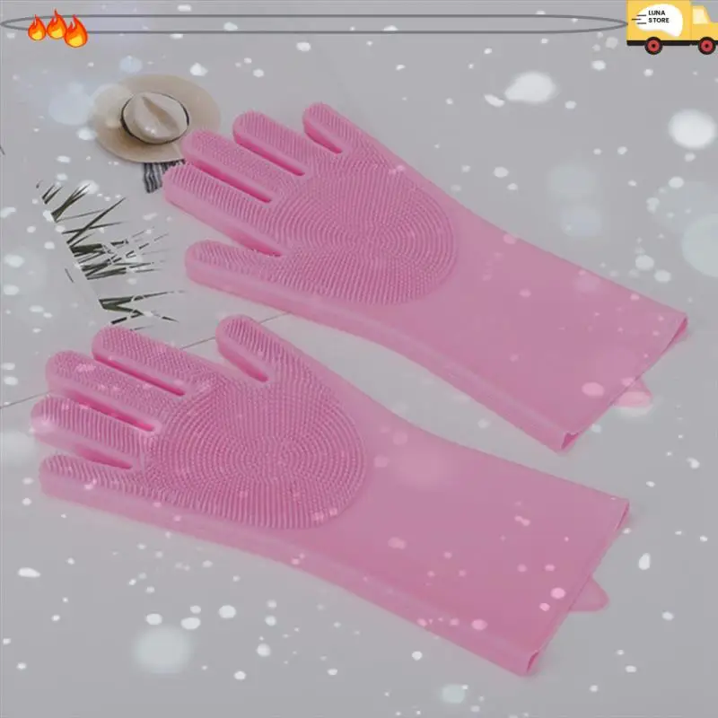 Dishwashing Gloves Pet Bath Massage Hair Removal Gloves Sky Blue & Pink Silica Gel For Washing Dishes,Reusable