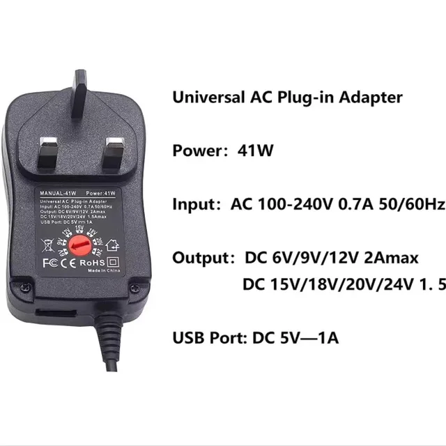 Wefomey Alimentation Universelle 120W Alimentation Réglable DC 3V 24V Commutation Variable Adaptateur AC/DC 100V-240V AC à DC 24V 5A Convertisseur Avec 14 Embouts & Polari