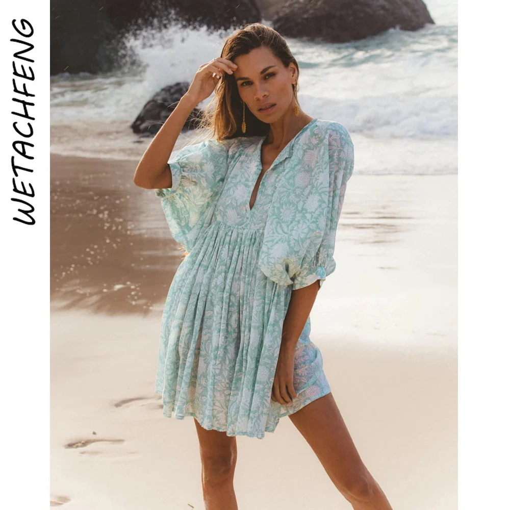 

Женское свободное платье с цветочным принтом, элегантное пляжное платье мини в стиле бохо с рукавами-фонариками и V-образным вырезом для отдыха, весна-лето 2024