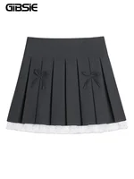 GIBSIE Plus Size Bows contrast lace pleated skirt Women's summer JK mini skirt Korean high waist zipper gray a-line skirt