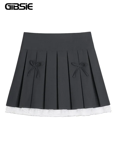 GIBSIE Plus Size Bows contrast lace pleated skirt Women's summer JK mini skirt Korean high waist zipper gray a-line skirt