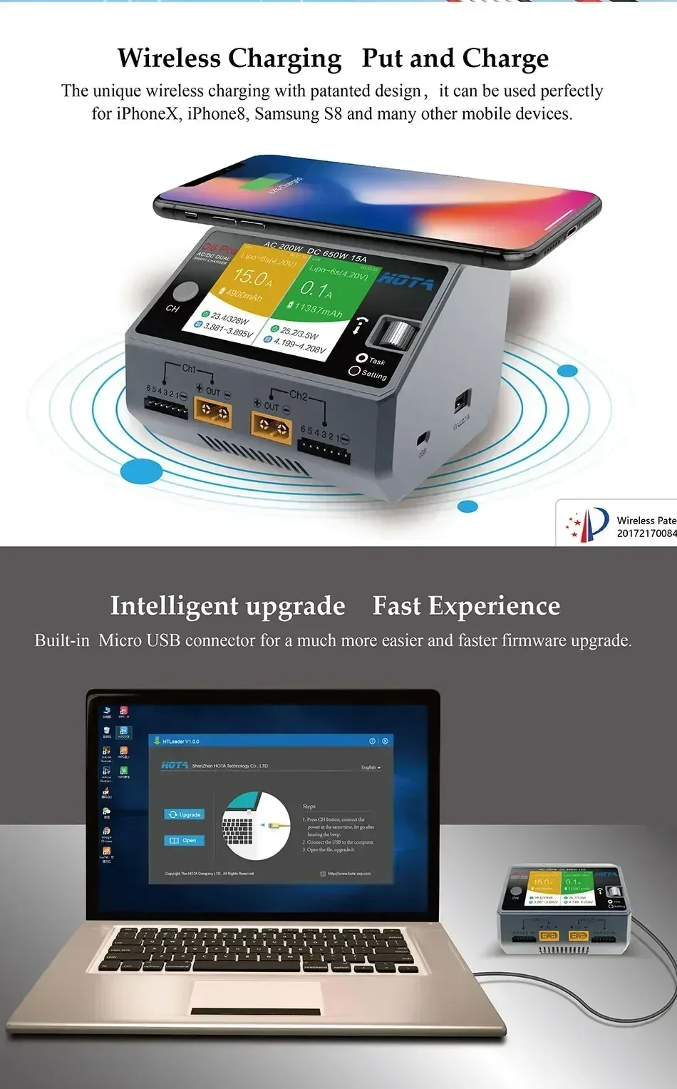 HOTA D6 Pro, двухканальный зарядное устройство 650 Вт, черный/серый