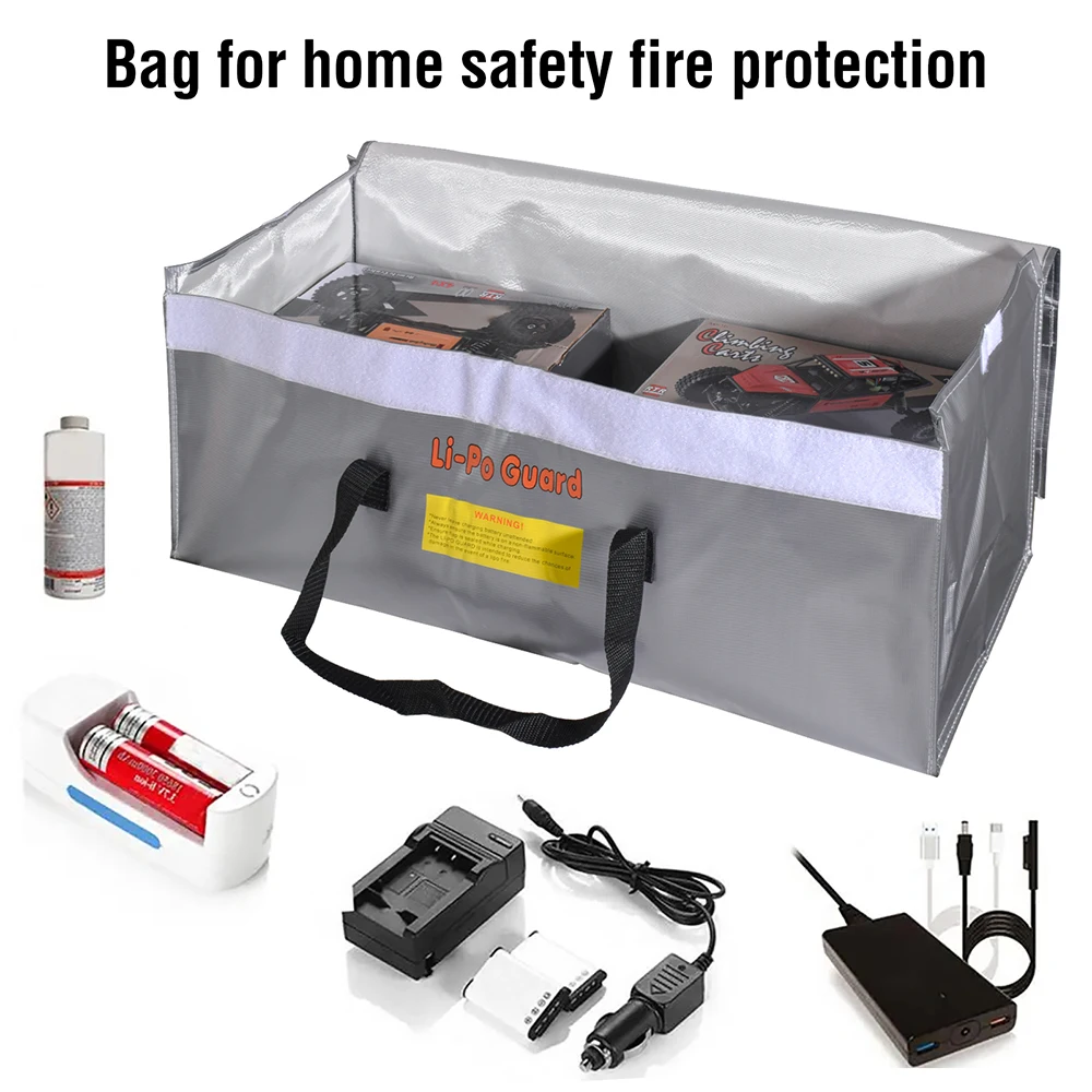 Sac de sécurité ignifuge antidéflagrant pour batterie Lipo, vue latérale avec étiquette de certification