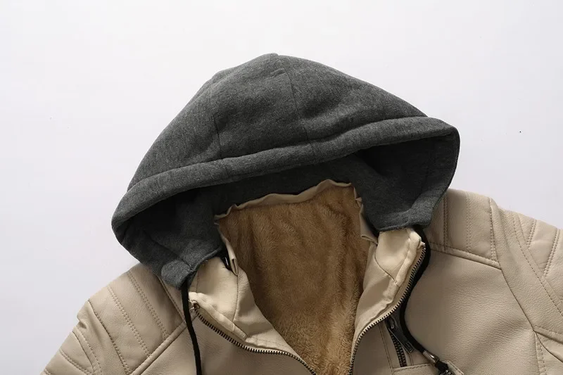 Description Picture 5 of itemFashion Leather Jacket Men Winter Fleece Liner Pu Leather Coats with Hood Autumn Male Clothing Casual White Motorcycle Jackets