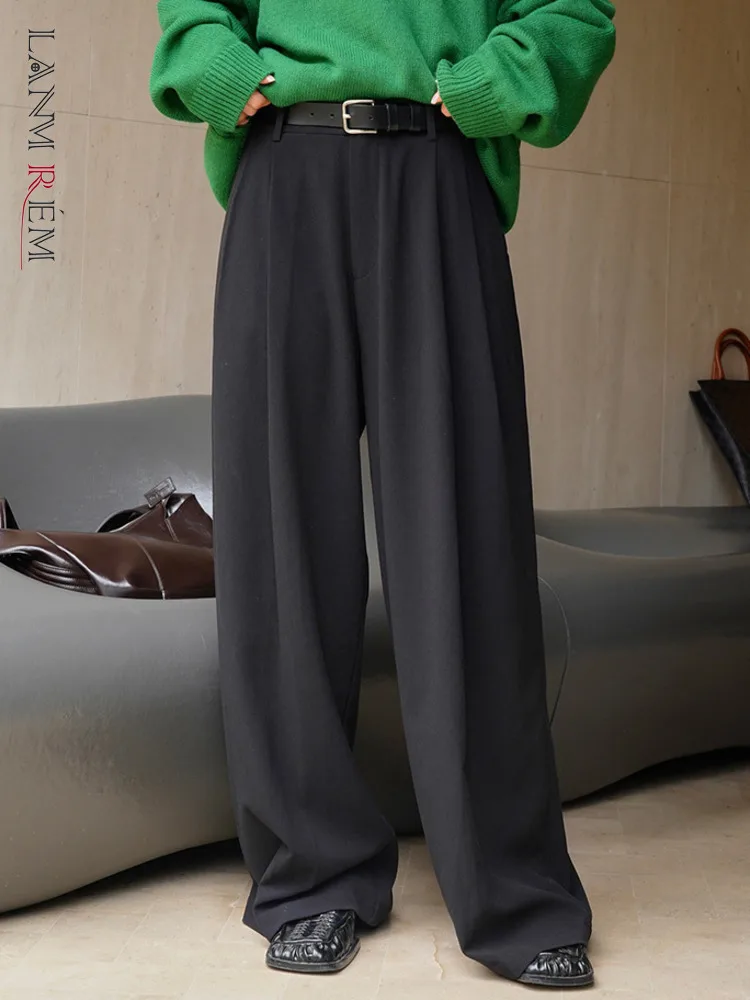 

[LANMREM] Simplicity High Waist Pleated Wide Leg Pants For Women Solid Straight Loose Trousers Female 2023 Autumn New 26D5747