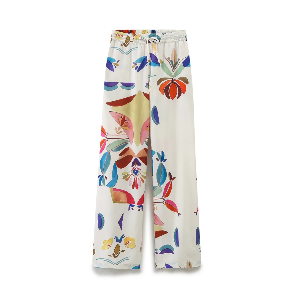 Taop&Za 2024 Spring New Product Women's Fashion Casual Polo Collar Long Sleeve Printed Poplin Shirt Wide Leg Pants Set